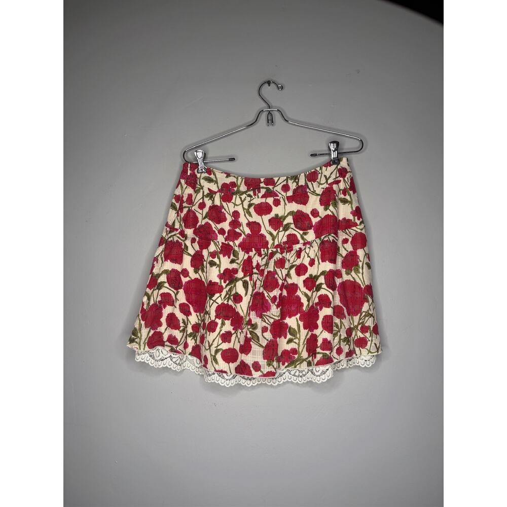 ANNA SUI for Anthro Mini Skirt Cream with Red Floral Lace Hem Cotton Silk Size 6 - Picture 1 of 4